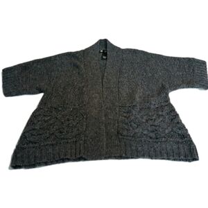 Carole Little Cardigan Sweater Womens Lrg Petite Gray 1/2 Sleeve Crocheted Knit